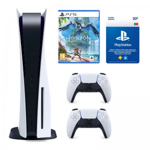 Consola Sony PlayStation 5 Slim 1TB (Edição Standard) + Jogo Horizon Forbidden West + Comando Sony DualSense Playstation 5 (PS5) Wireless Branco + Cartão de Carregamento PlayStation Store 20 Euros