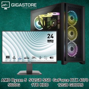 Desktop Gaming Ryzen 5 5600G RTX 4070 16GB RAM 512GB SSD + 1TB HDD W11 + Monitor MSI Pro MP243X IPS 23.8" FHD 100Hz FreeSync